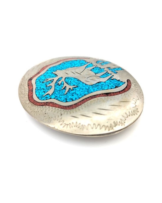 Turquoise & Coral Chip Inlay Elk Western Buckle